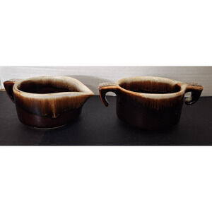 Vtg Pfaltzgraff USA Gourmet Brown Drip Creamer, Uncovered Sugar Bowl Open Handle